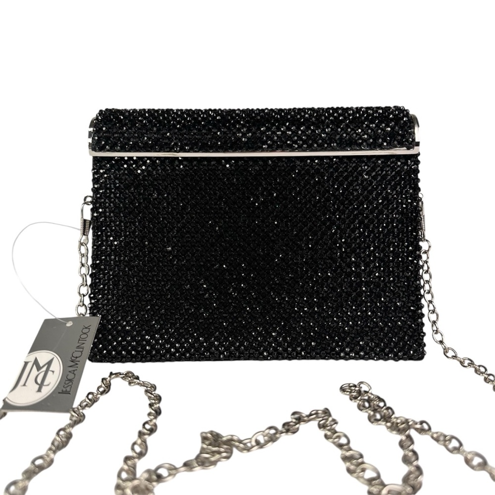 Jessica McClintock sparkly black clutch with removable chain